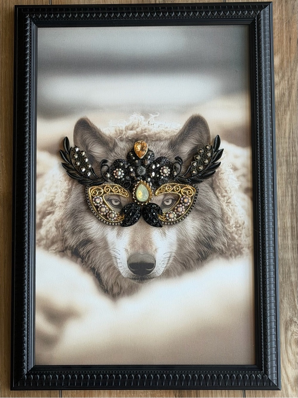 Black and Gold Embellished Wolf mixed media  Wall Art by Cherie
